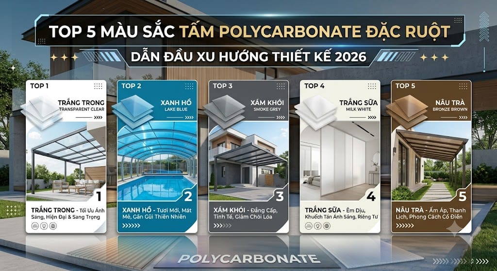 TOP 5 MÀU SẮC TẤM POLYCARBONATE DẪN ĐẦU XU HƯỚNG THIẾT KẾ 2026