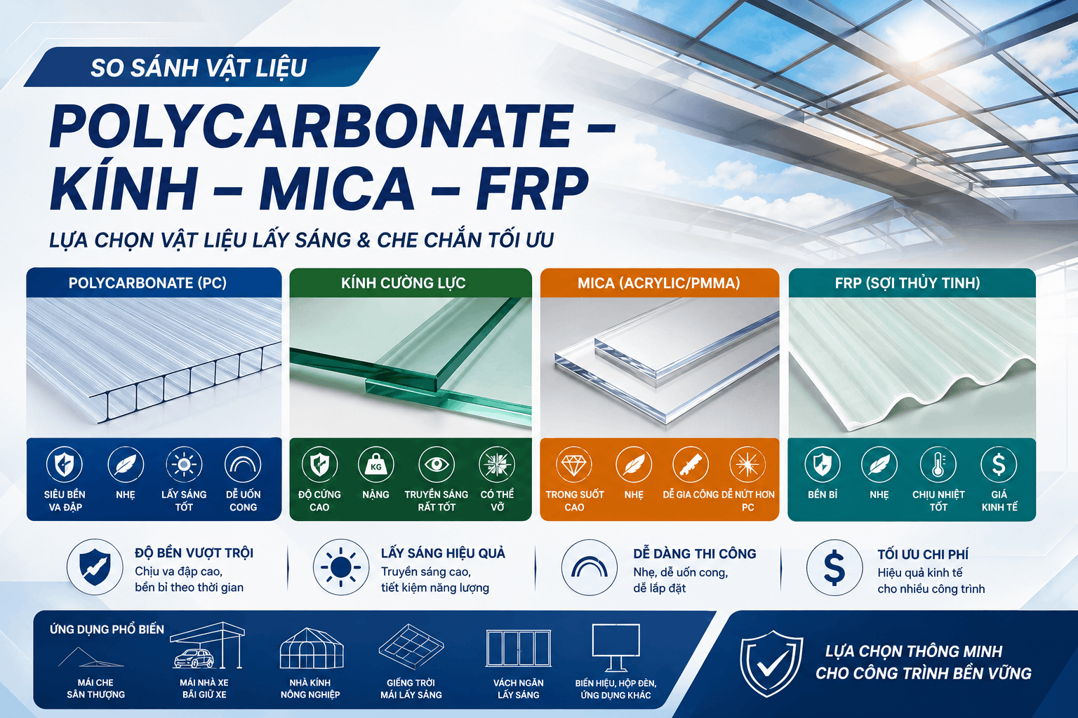 So sánh Tấm nhựa Polycarbonate với các vật liệu khác