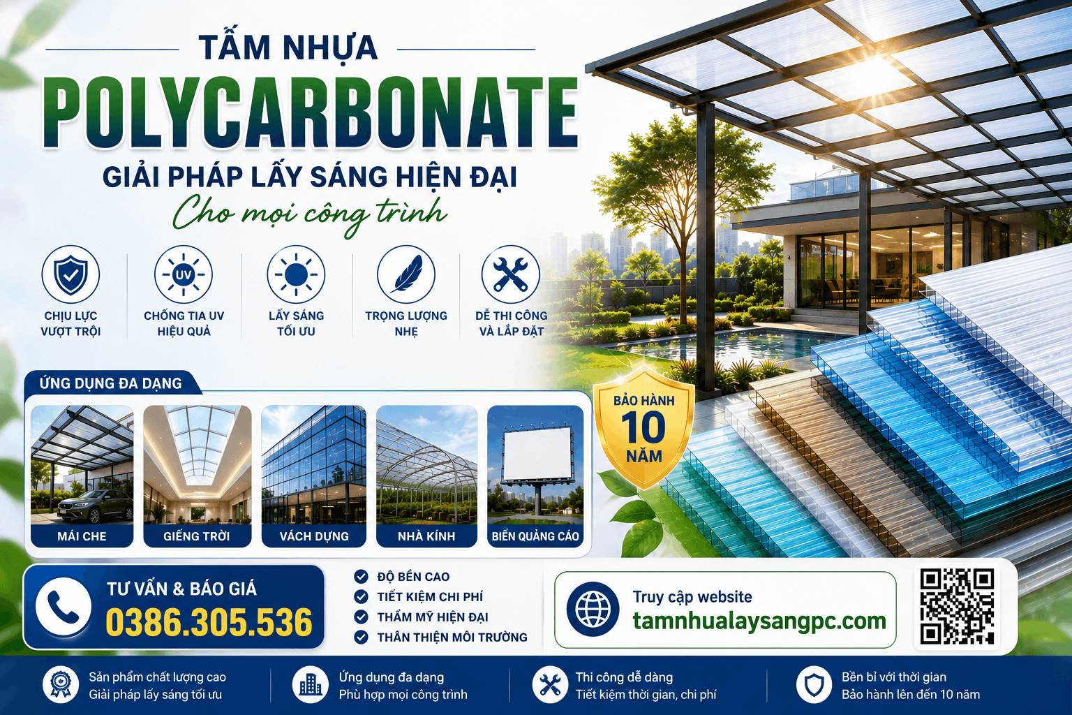 Tấm Nhựa Polycarbonate – Giải Pháp Lấy Sáng Bền Đẹp, Chống UV Hiệu Quả